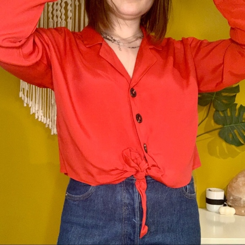 RED TIE FRONT BUTTON UP BLOUSE